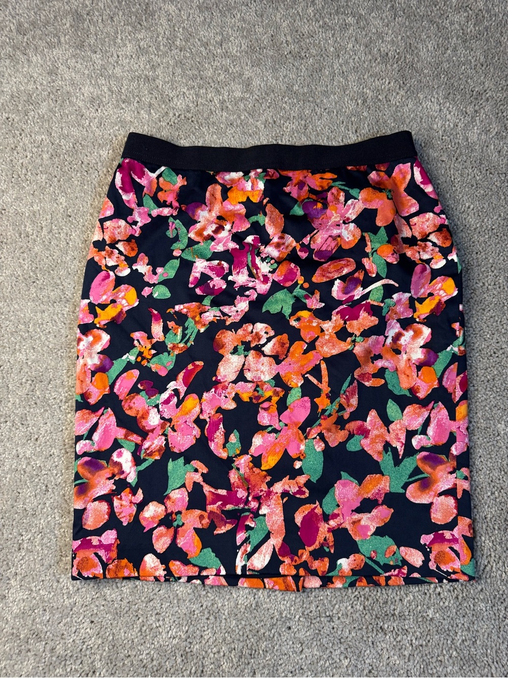 Ann Taylor Floral Pencil Skirt in Navy with Pink & Orange Blooms